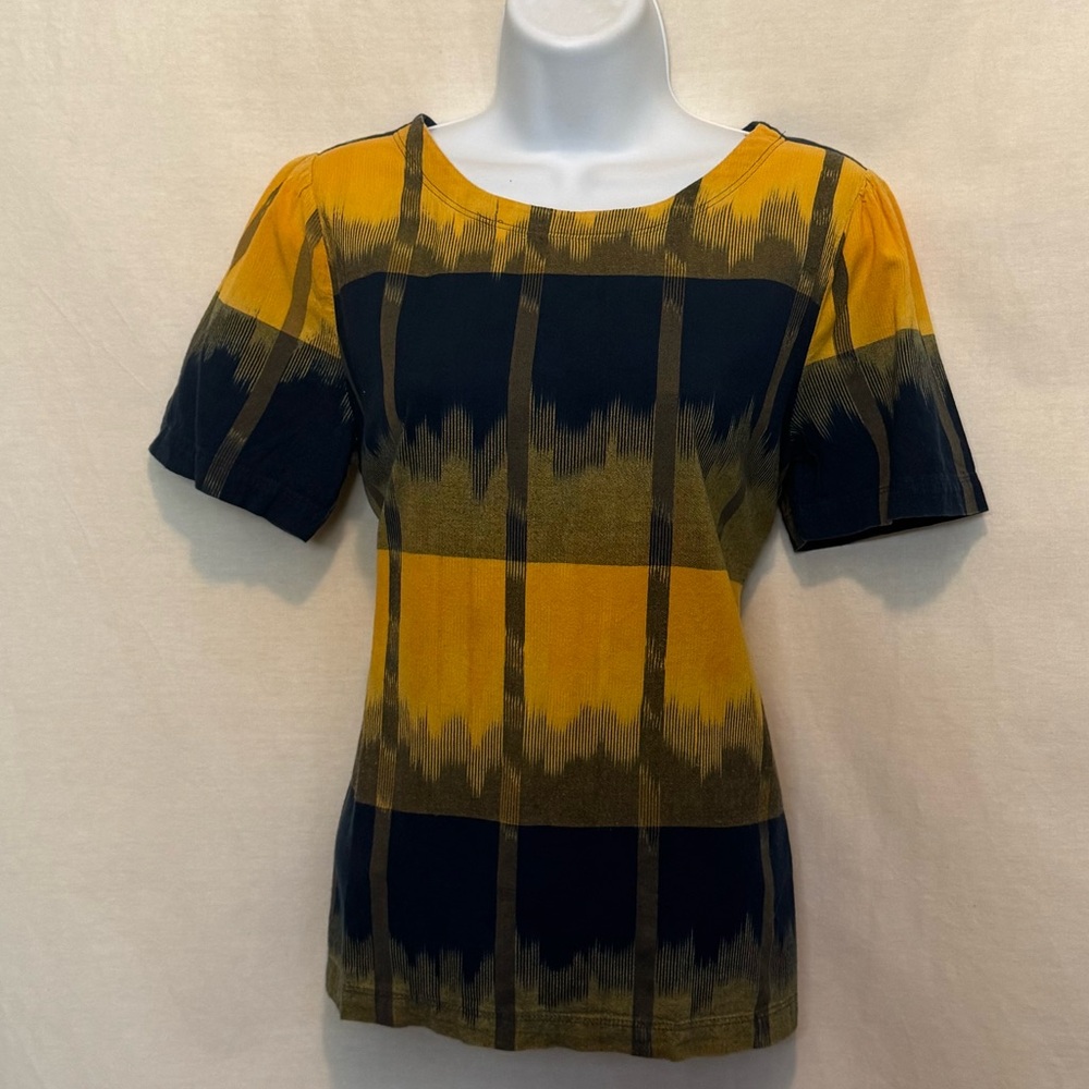H-180 Loft Blue & Yellow Short Sleeve Pullover Blouse Size S‎